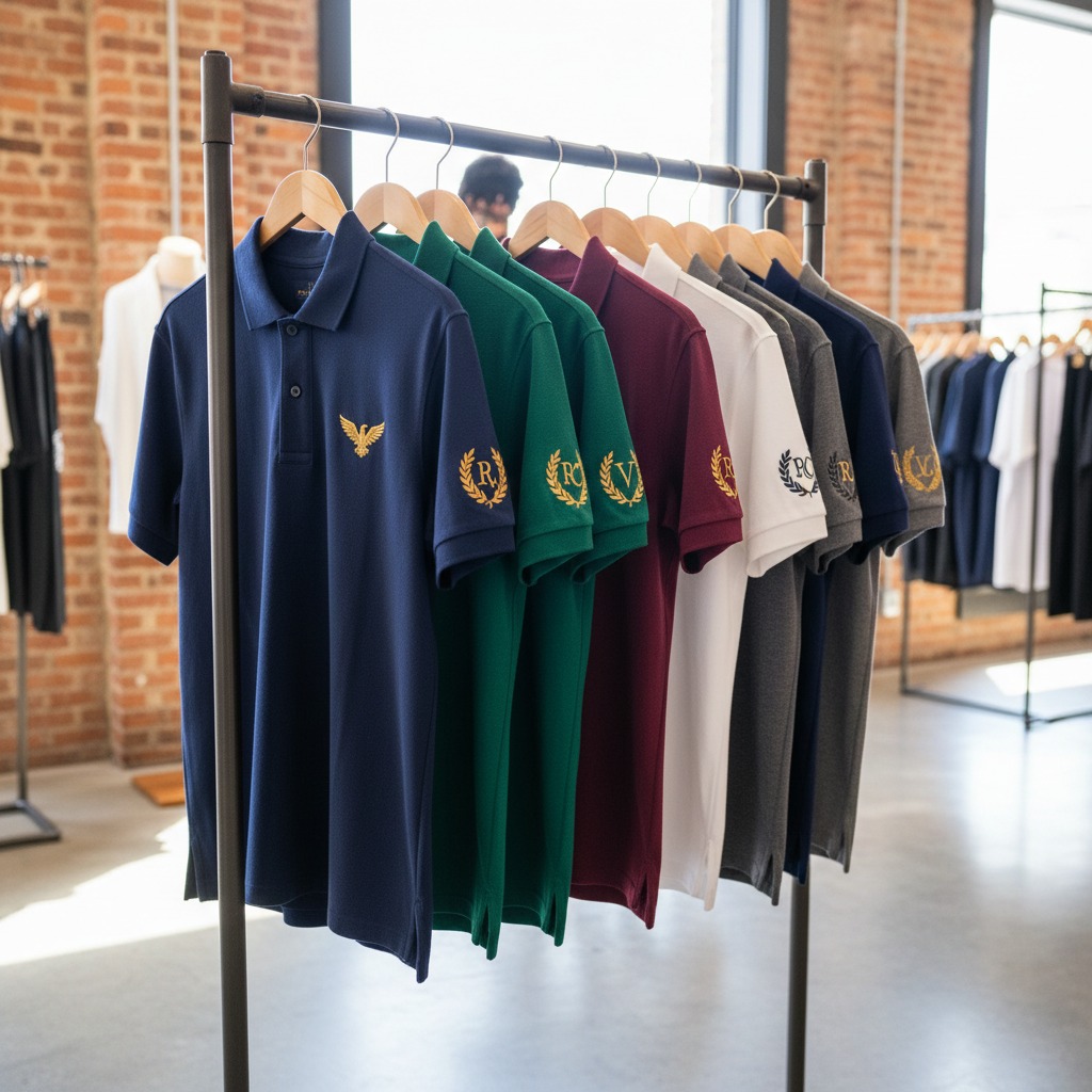 show polo shirts with embroidery hanging on clothes rack