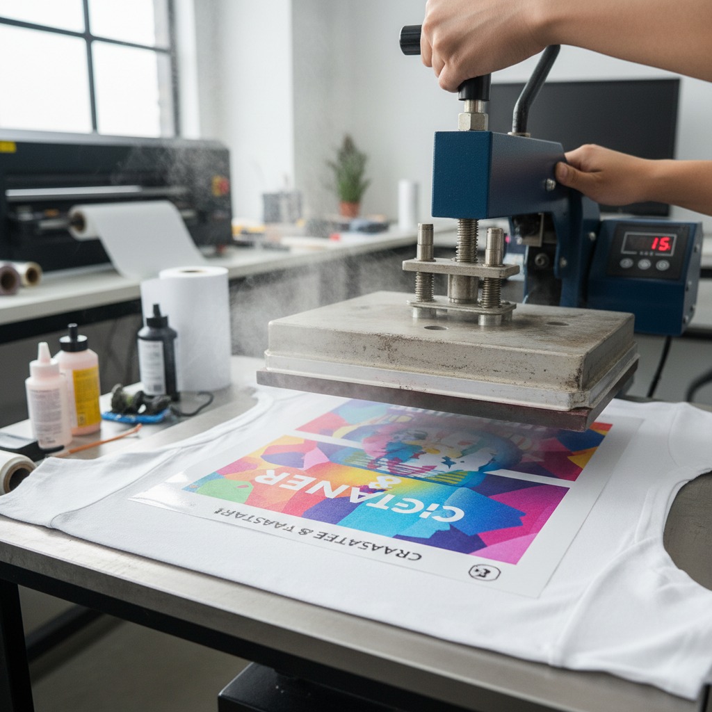 generate a picture showing dtf or sublimation process on a tee