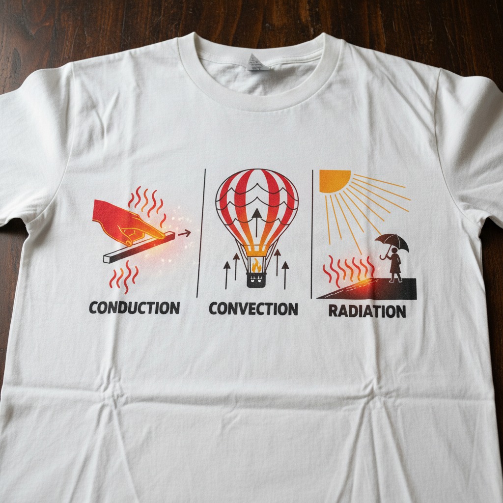 generate a picture showing heat transfer on a tee shirt